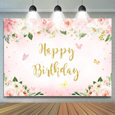 Rosa Blumen Schmetterling Funkeln Glücklich Geburtstag Hintergrund